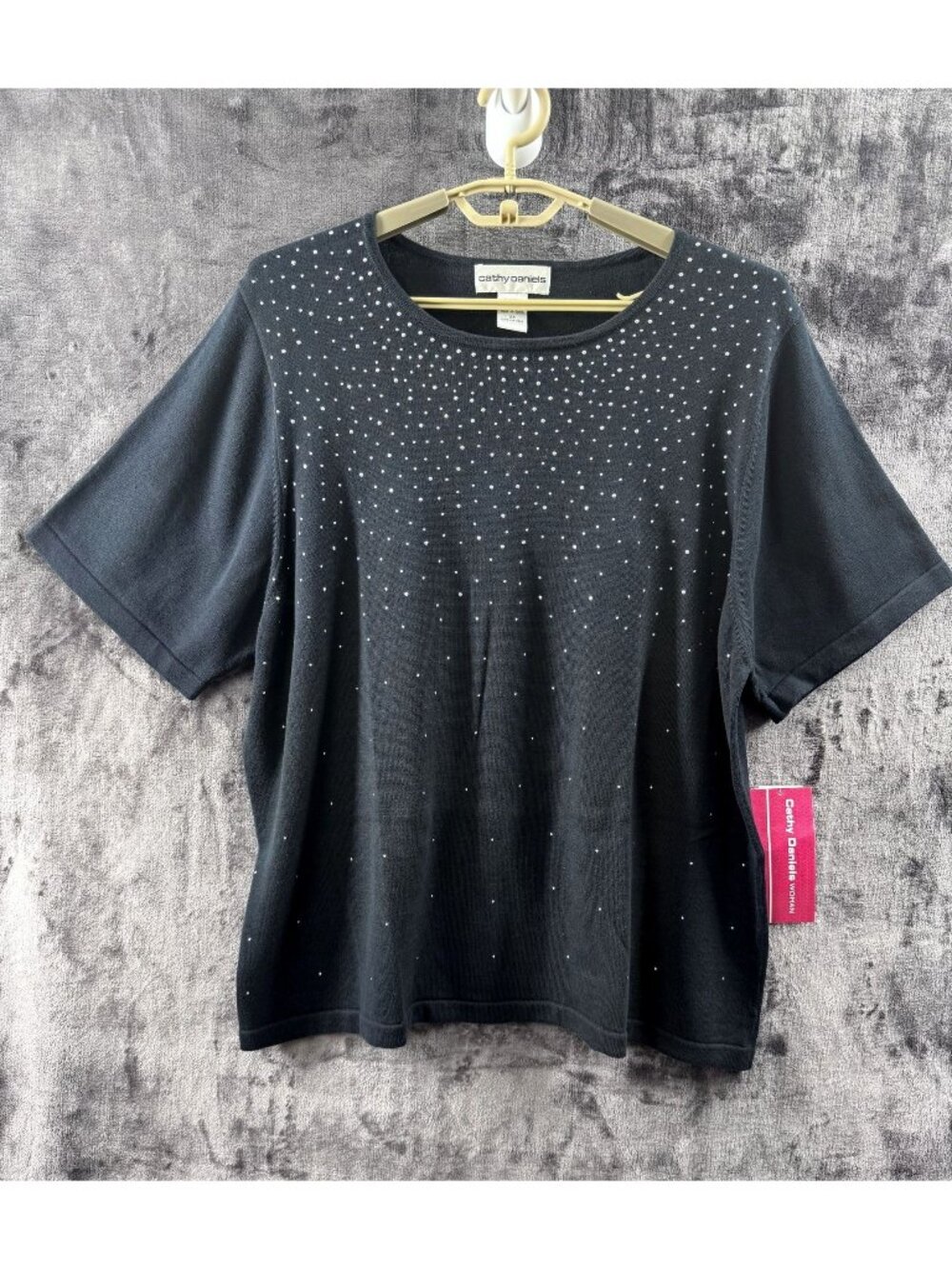 Cathy Daniels 2X Black Embellished Short Sleeve Sweater 100% Cotton NWT